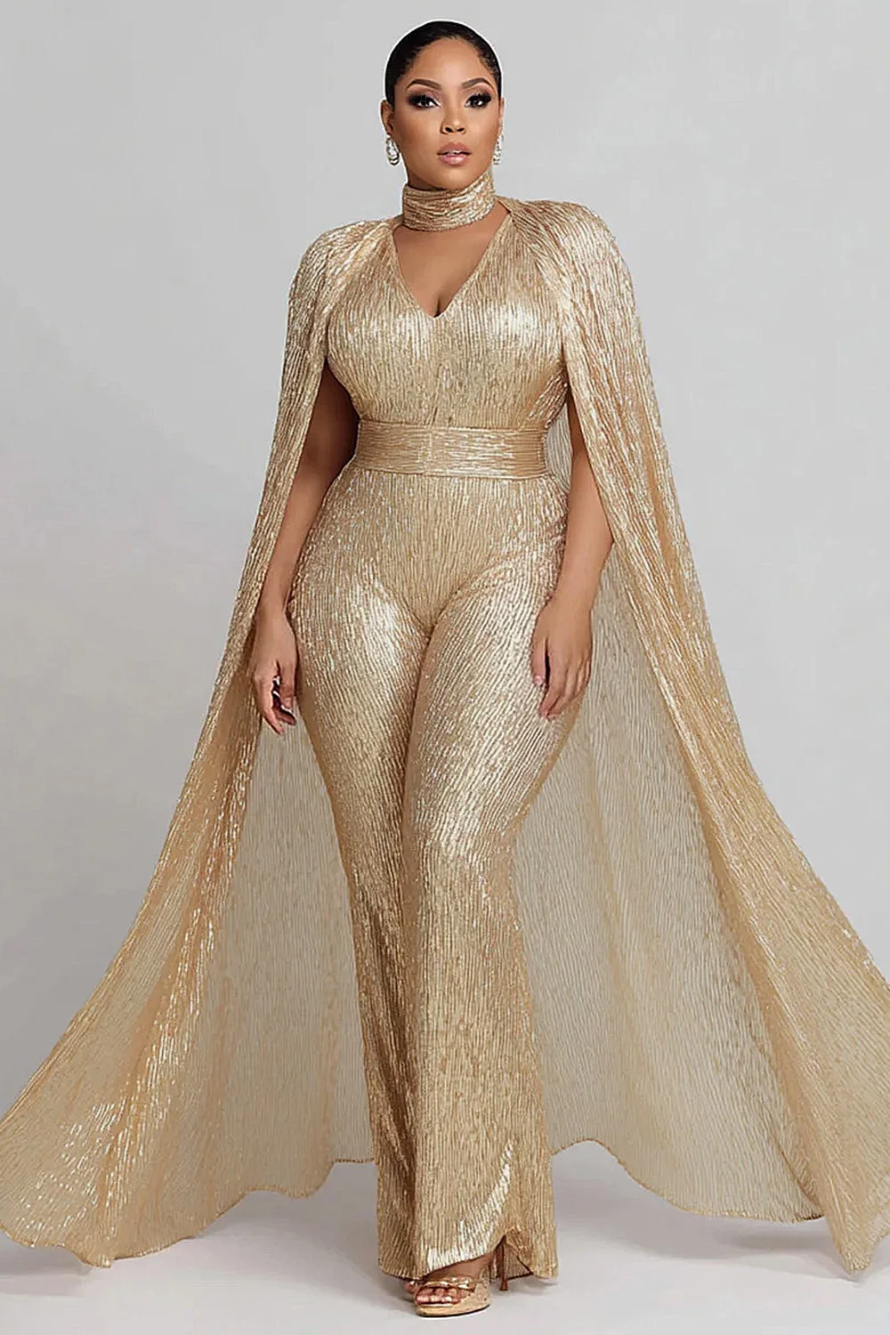 Plus Size Formal Champagne V Neck Cape Sleeve Elegant Jumpsuits
Plus Size Formal Champagne V Neck Cape Sleeve Elegant Jumpsuits