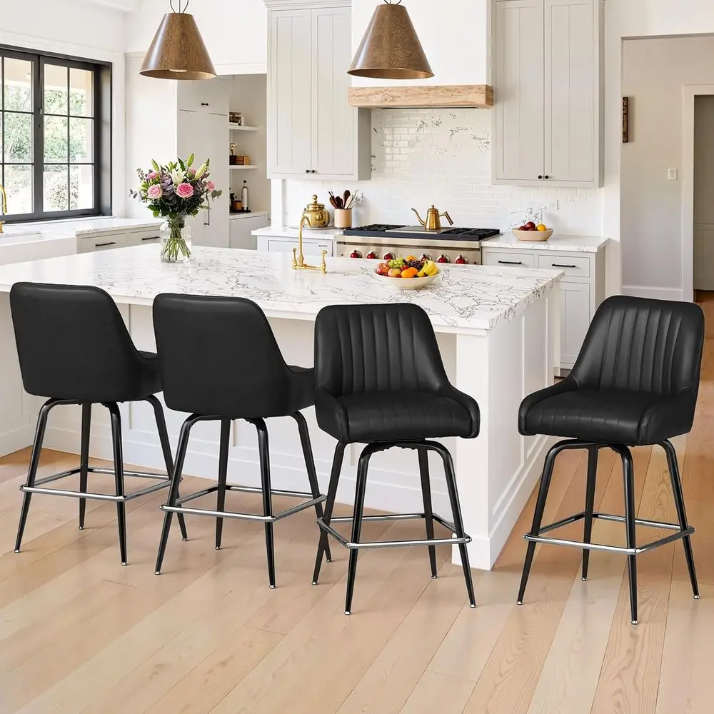 Set of 4, 26 High Bar Stools with Backs, Metal Legs, and Black Faux Leather Upholstery for Kitchen Island or Bar
Set of 4, 26 High Bar Stools with Backs, Metal Legs, and Black Faux Leather Upholstery for Kitchen Island or Bar