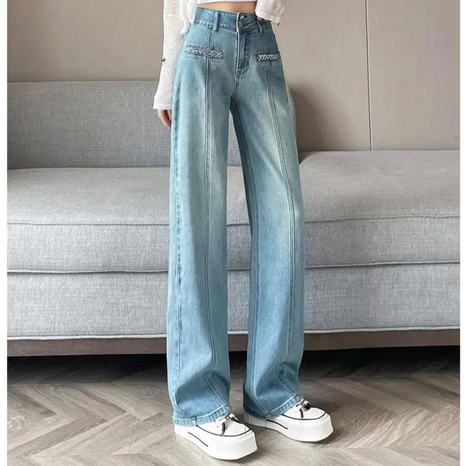 Fashionable Diamond Design Loose Straight Denim Floor Pants Spring Autumn Popular Light Colored Elastic Wide Leg Jeans For Women
Fashionable Diamond Design Loose Straight Denim Floor Pants Spring Autumn Popular Light Colored Elastic Wide Leg Jeans For Women