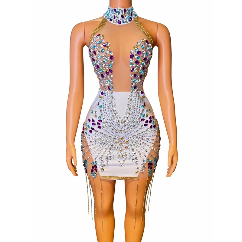Sexy Sparkly Crystal Halter Backless Rhinestones Fringe Short Dress See Through Party Birthday Dress Performance Show Dress
Sexy Sparkly Crystal Halter Backless Rhinestones Fringe Short Dress See Through Party Birthday Dress Performance Show Dress