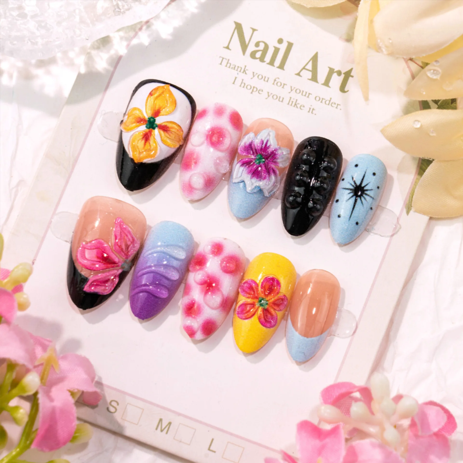 24PCS Colorful 3D Flower Butterfly Press on Nails with Gradient Swirl Texture Starburst Dot Design Almond Multicolor False Nails
24PCS Colorful 3D Flower Butterfly Press on Nails with Gradient Swirl Texture Starburst Dot Design Almond Multicolor False Nails