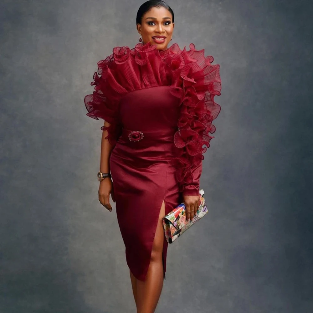 Burgundy Ruffled High Neck Evening Dresses Midi Length Bodycon Dress Long Sleeve Organza Satin Slit African Party Dress Custom
Burgundy Ruffled High Neck Evening Dresses Midi Length Bodycon Dress Long Sleeve Organza Satin Slit African Party Dress Custom
