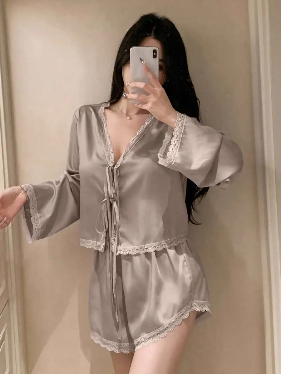 Women Satin Lace Trim Tie Front Pajama Set With Shorts
Women Satin Lace Trim Tie Front Pajama Set With Shorts