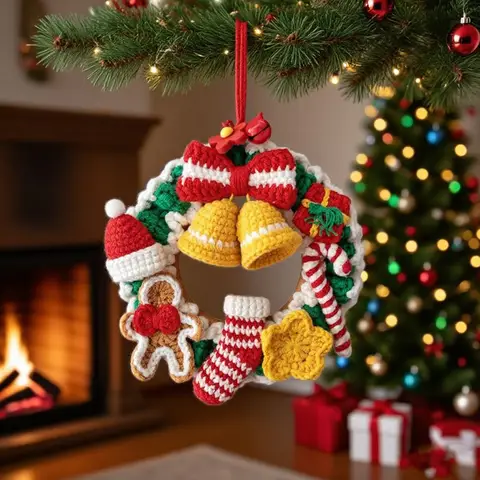 Crochet Christmas Wreath Handmade Woven Xmas Door Hanging Car Mirror Pendant Christmas Tree Decor Gift