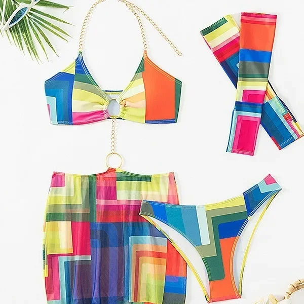 Women Print Chain String Bikini Sets 4 Pieces with Long Cover Sleeves and Skirt Swimsuit Bathing Suit Beach Outfits Biquini
Women Print Chain String Bikini Sets 4 Pieces with Long Cover Sleeves and Skirt Swimsuit Bathing Suit Beach Outfits Biquini