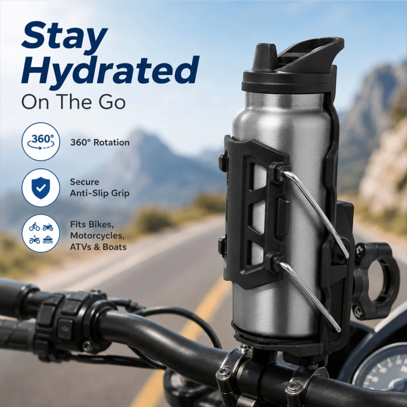 Bike Accessories Black Cup Holder, 360° Rotatable Anti-Slip, Plastic/Metal, Fits 22-25mm for Bike/Motorcycle/ATV/Outdoor.
Bike Accessories Black Cup Holder, 360° Rotatable Anti-Slip, Plastic/Metal, Fits 22-25mm for Bike/Motorcycle/ATV/Outdoor.