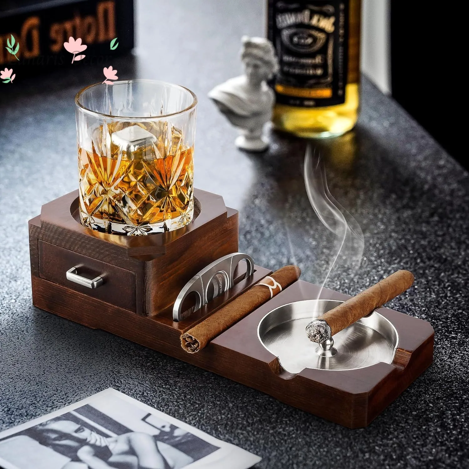 Solid wood cigar ashtray with drawer and whiskey cigar holder tray
Solid wood cigar ashtray with drawer and whiskey cigar holder tray