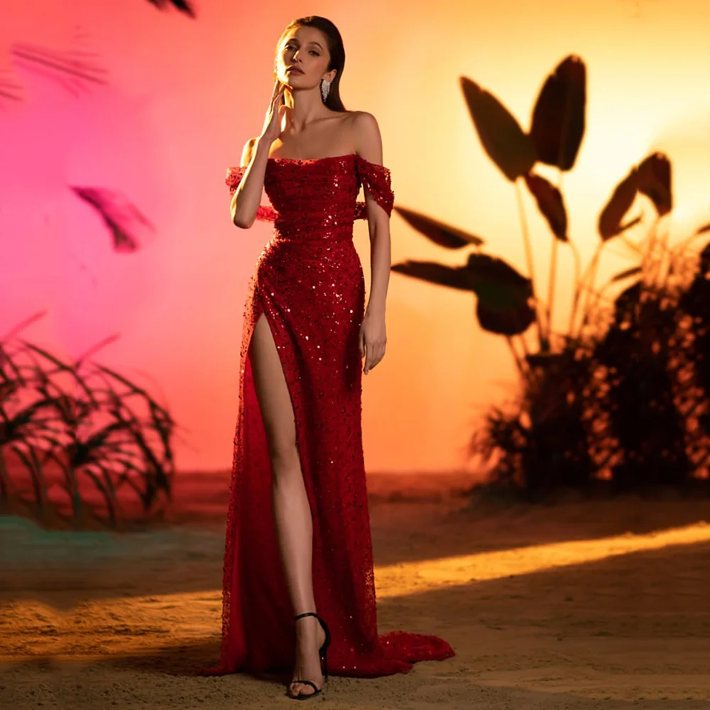 Luxurious Off Shoulder Mermaid Prom Dresses Beaded Red Evening Gowns Sequins High Split Black Party Dress Long
Luxurious Off Shoulder Mermaid Prom Dresses Beaded Red Evening Gowns Sequins High Split Black Party Dress Long