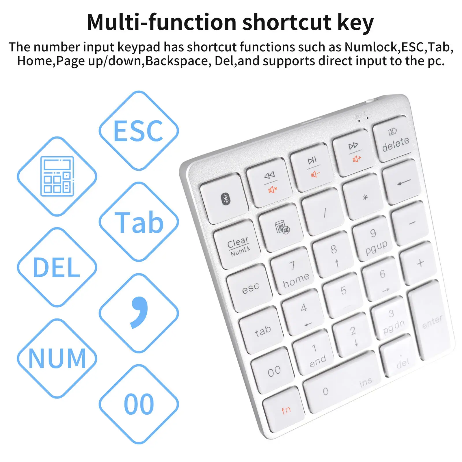 Wireless Bluetooth Number Keyboard Portable Multifunction Shortcut Numpad Anti-slip Design for MacBook Laptop Finance Data Entry