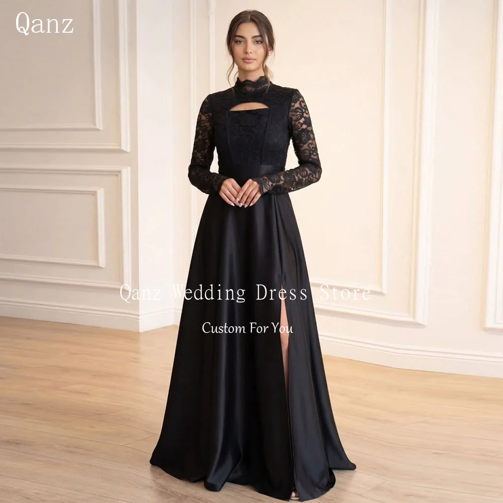 Qanz Elegent Black Evening Dresses Slit Satin High Neck Wedding Guest Dress Long Lace Sleeves Vestidos De Festa Customized
Qanz Elegent Black Evening Dresses Slit Satin High Neck Wedding Guest Dress Long Lace Sleeves Vestidos De Festa Customized
