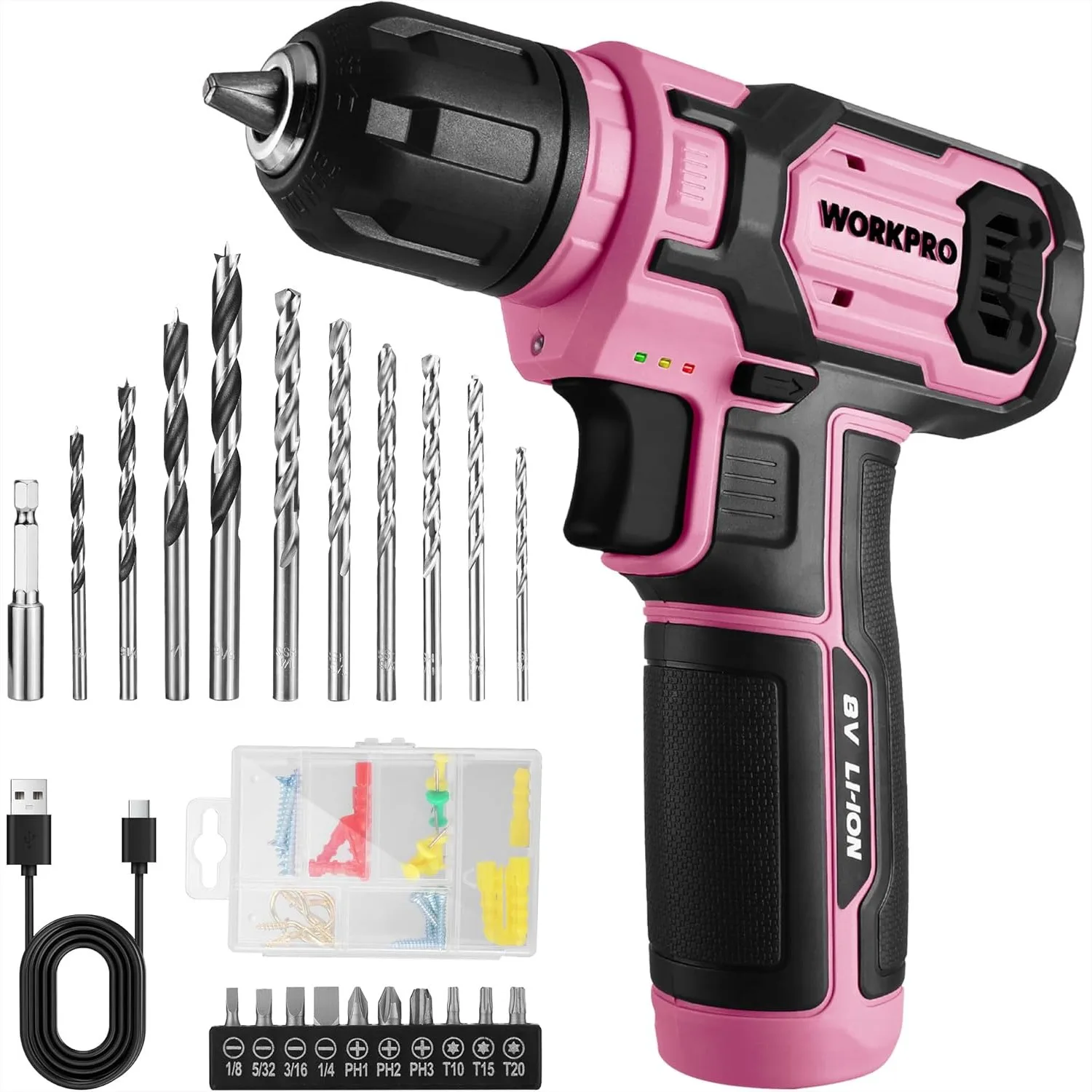 Pink Cordless Drill Set, 8V Impact Drill Driver with 53pcs Bit Set, 2.0Ah Electric Power Drill Kit with Keyless Chuck and
Pink Cordless Drill Set, 8V Impact Drill Driver with 53pcs Bit Set, 2.0Ah Electric Power Drill Kit with Keyless Chuck and