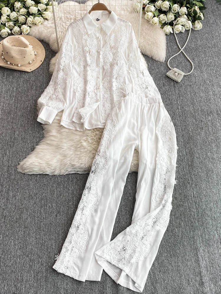 Spring Women'S Clothing Wide Leg Pants Set Long Sleeve Loose Blouses Elegant Women Two Piece Set Outfits Hollow Out Lace Suit
Spring Women'S Clothing Wide Leg Pants Set Long Sleeve Loose Blouses Elegant Women Two Piece Set Outfits Hollow Out Lace Suit