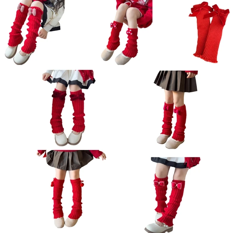 

New Year Festive Knit Leg Warmers for Little Girls Slouchy Socks for Toddler Winter Bowknot Socks Thicken Warm Leggings