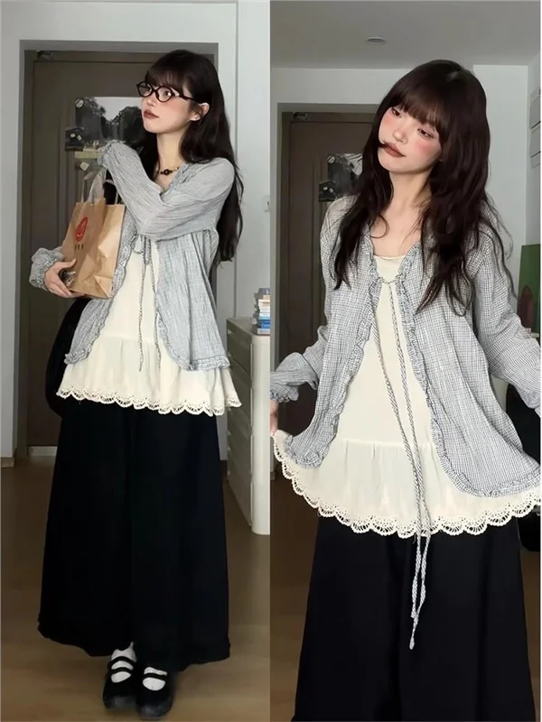 plus Size Vintage Plaid Ruffle Lace Halter Top Bottoms Two Piece Set Women's Fashion Spring Autumn Breathable Long Sleeve Shirt
plus Size Vintage Plaid Ruffle Lace Halter Top Bottoms Two Piece Set Women's Fashion Spring Autumn Breathable Long Sleeve Shirt