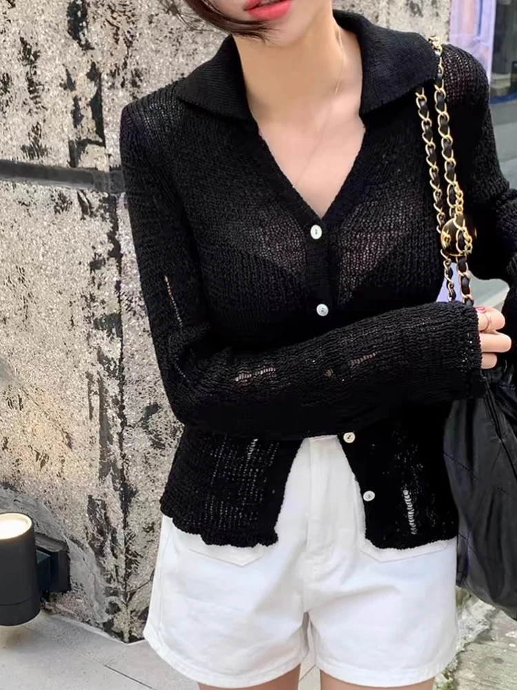 Slim Fit Knitted Cardigan Women's Fashion Hole Design Turn-down Collar Button-up Outerwear Thin Style Summer New Arrival
Slim Fit Knitted Cardigan Women's Fashion Hole Design Turn-down Collar Button-up Outerwear Thin Style Summer New Arrival