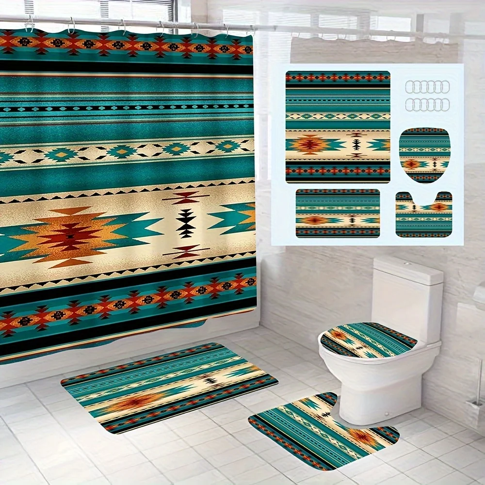 Green Boho Geometric Shower Curtain Set | Waterproof, Non-Slip Rug, U-Shape Mat, Toilet Lid Cover, 4-Piece
Green Boho Geometric Shower Curtain Set | Waterproof, Non-Slip Rug, U-Shape Mat, Toilet Lid Cover, 4-Piece
