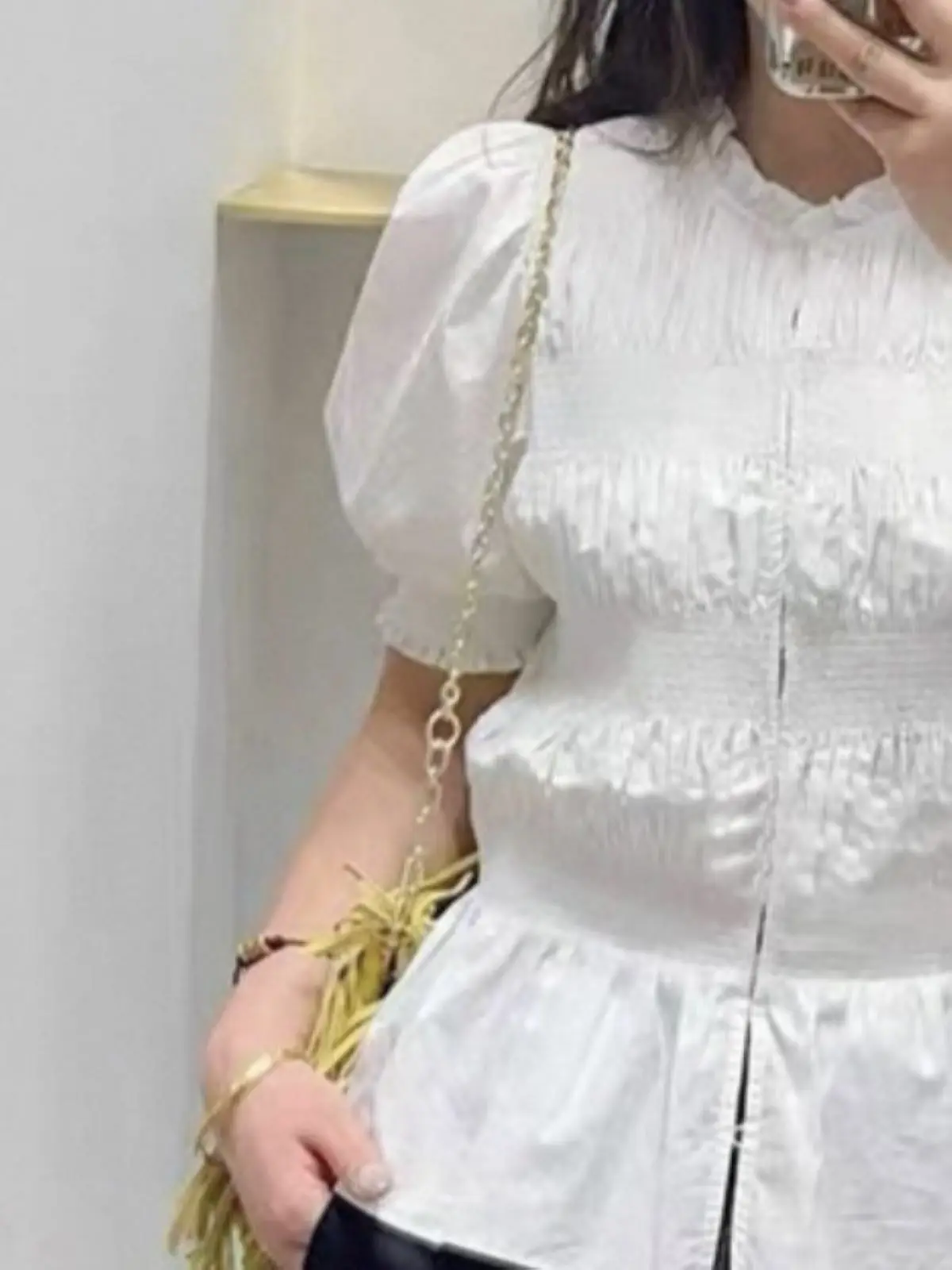 Spring/Summer Women O-Neck Puff Short Sleeve Ruffled Hem Solid Blouse Single Breasted Elegant Casua Shirt
Spring/Summer Women O-Neck Puff Short Sleeve Ruffled Hem Solid Blouse Single Breasted Elegant Casua Shirt