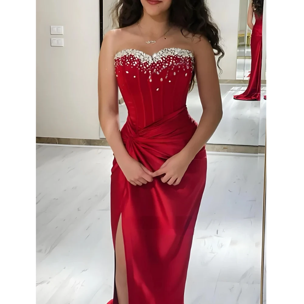 Red Satin Beading Evening Dress Sweetheart Strapless Sleeveless Straight Floor Length Side Slit Women Pleat Gowns Custom Made
Red Satin Beading Evening Dress Sweetheart Strapless Sleeveless Straight Floor Length Side Slit Women Pleat Gowns Custom Made