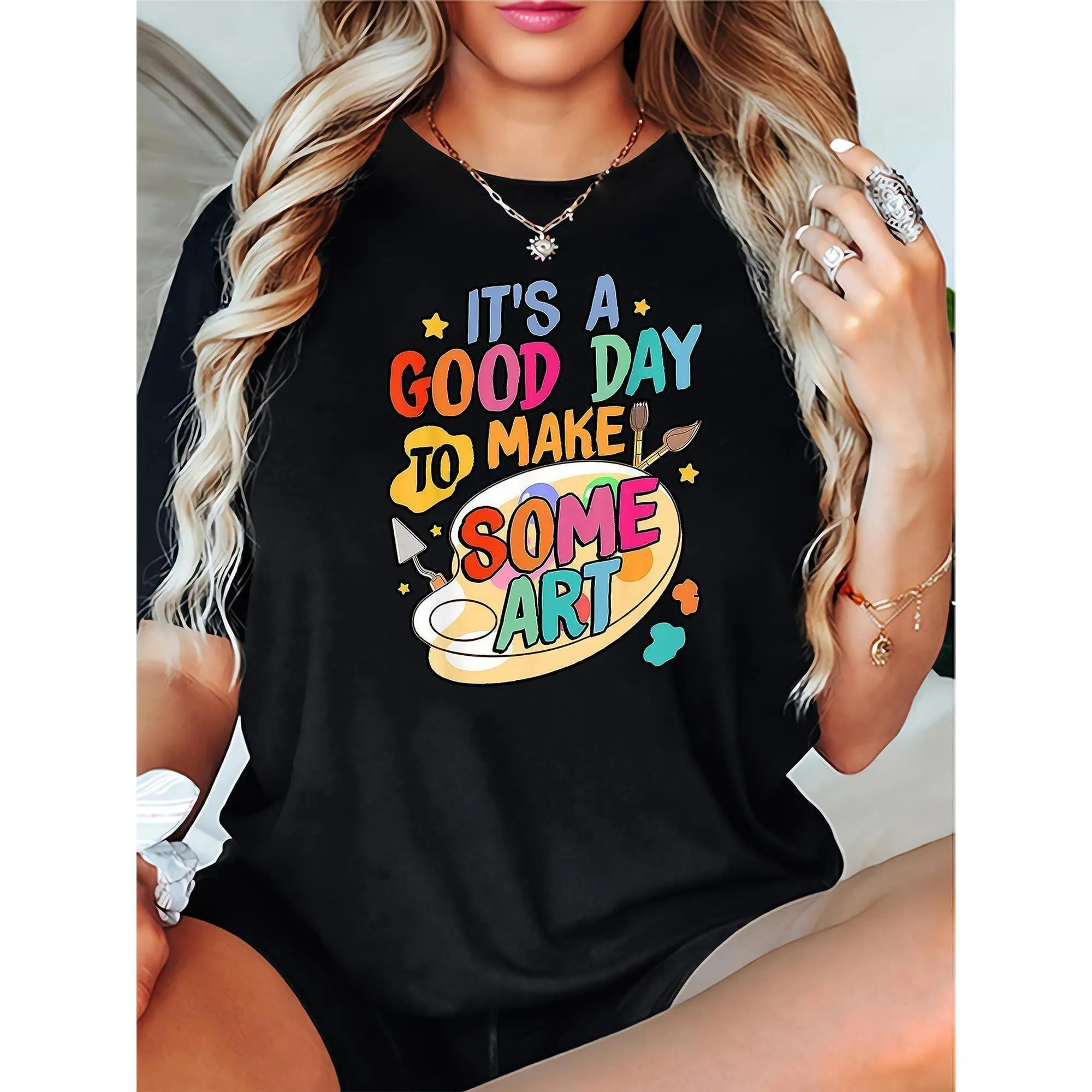 Vibrant Letter Print Women's T-Shirt - Casual Crew Neck, Short Sleeve, Stretchy Cotton, Machine Washable - Perfect for Spring
Vibrant Letter Print Women's T-Shirt - Casual Crew Neck, Short Sleeve, Stretchy Cotton, Machine Washable - Perfect for Spring