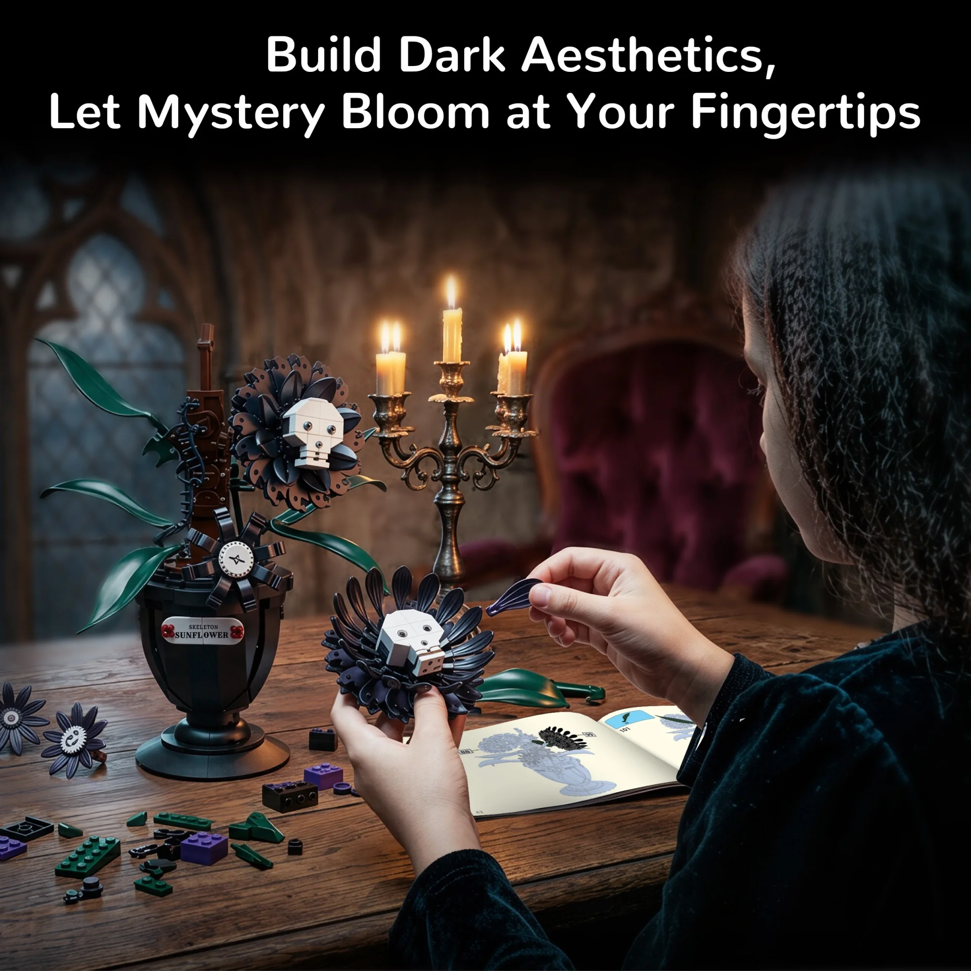 848pcs Horror Swinging Skeleton Flower Building Blocks Desktop Ornament Dark Black Bouquet Bricks Toys for Adults Halloween Gift
848pcs Horror Swinging Skeleton Flower Building Blocks Desktop Ornament Dark Black Bouquet Bricks Toys for Adults Halloween Gift
