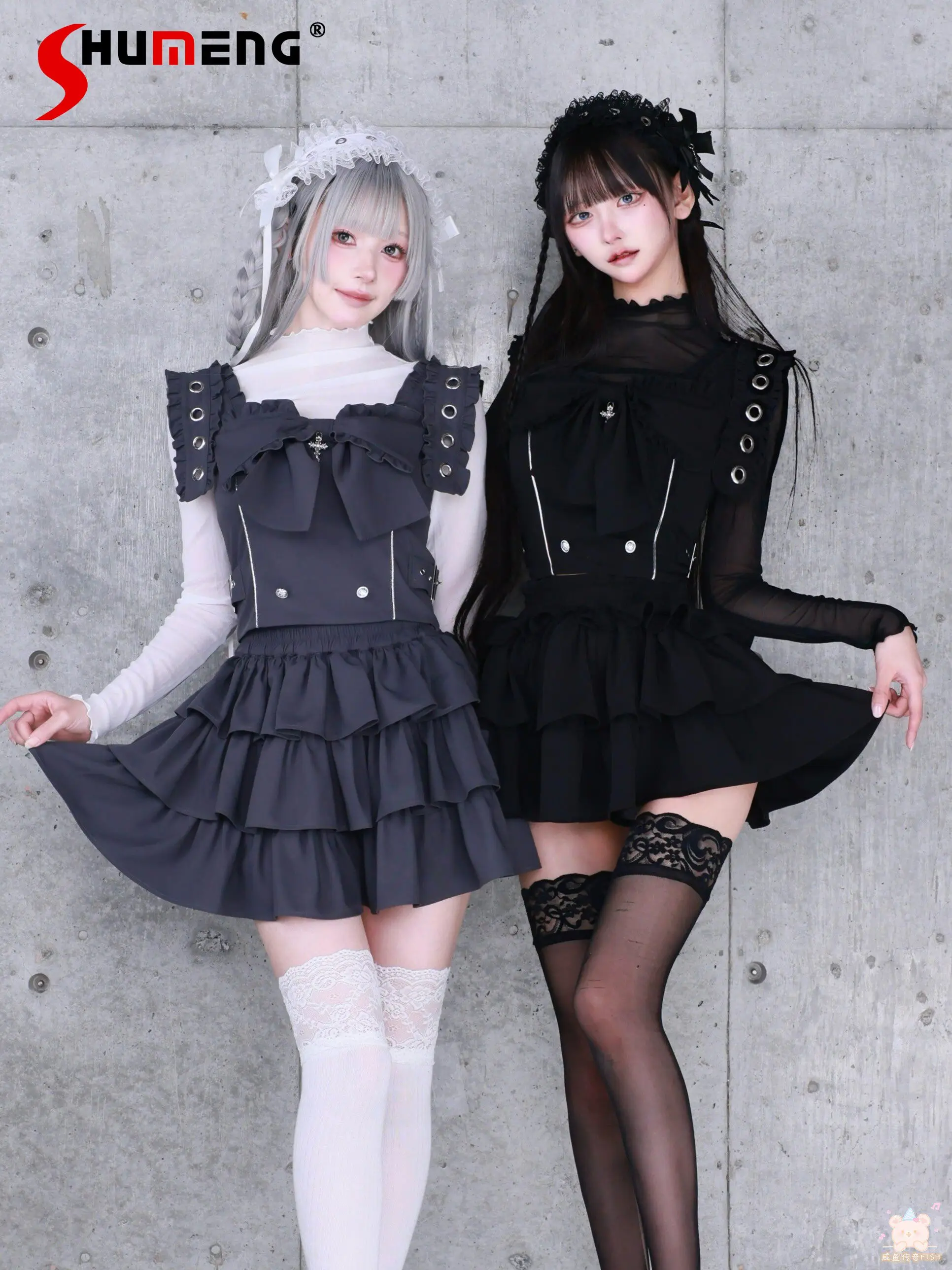 Japanese Dark Gothic Subculture Girl's Dress Sets Cross Bow Sleeveless Tank Top High Waist Tiered Skirts Two-piece Set for Women
Japanese Dark Gothic Subculture Girl's Dress Sets Cross Bow Sleeveless Tank Top High Waist Tiered Skirts Two-piece Set for Women