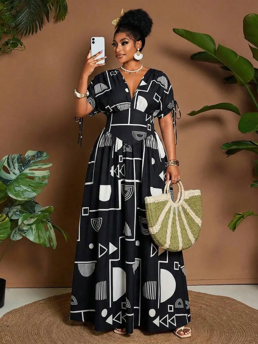 Plus Size Women Geometric Print Drawstring Waist Deep V-Neck Sleeveless Maxi Dress Black White Casual Beach Holiday
Plus Size Women Geometric Print Drawstring Waist Deep V-Neck Sleeveless Maxi Dress Black White Casual Beach Holiday