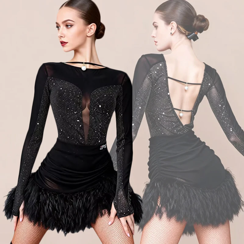 Glitter Black Latin Dance Dress Women Fluffy Open Back Dresses Latin Performance Costume Adult Rumba Dance Practice Dress 5766
Glitter Black Latin Dance Dress Women Fluffy Open Back Dresses Latin Performance Costume Adult Rumba Dance Practice Dress 5766