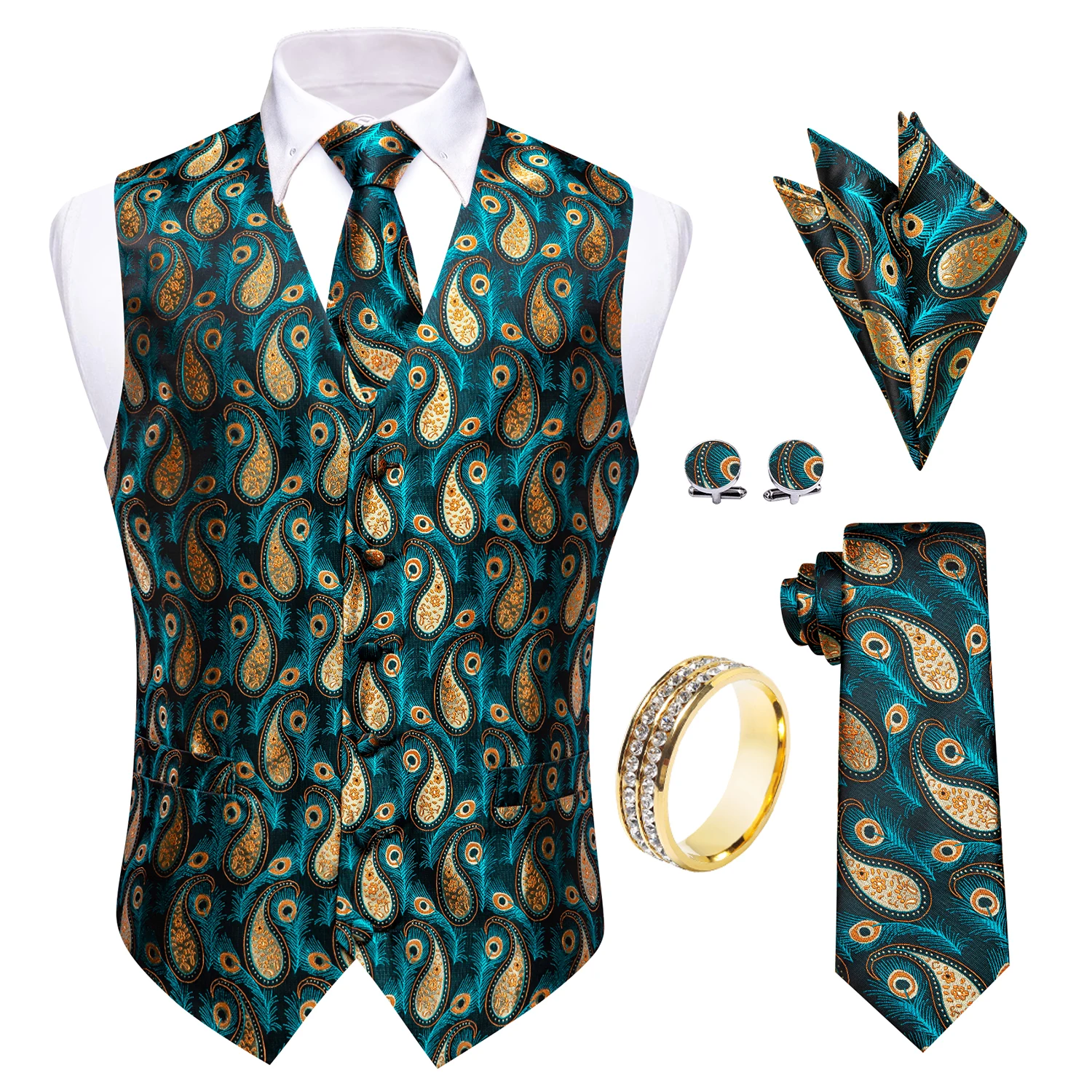 Teal Peacock Pattern V-Neck Vest 5Pcs Set Tie Pocket Square Cufflinks Gold Rhinestone Ring For Stage Show Holiday Gala
Teal Peacock Pattern V-Neck Vest 5Pcs Set Tie Pocket Square Cufflinks Gold Rhinestone Ring For Stage Show Holiday Gala