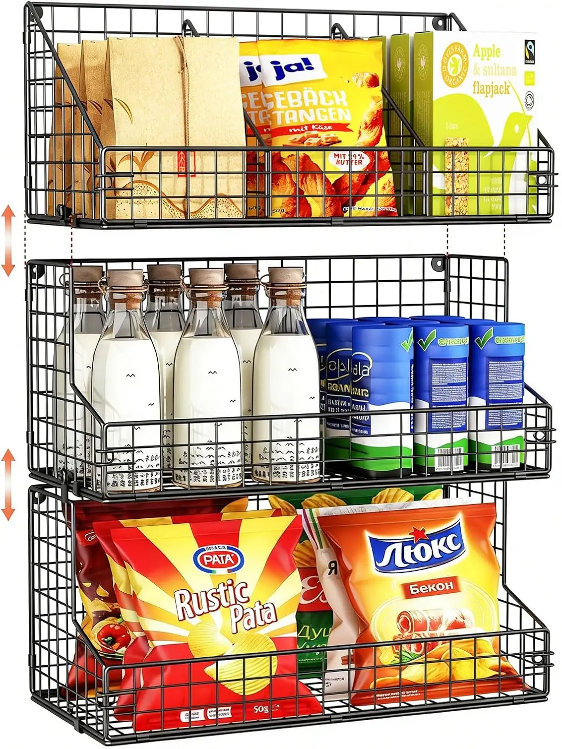 3-Tier Stackable Snack Organizer with Divider - Wall-Mounted Wire Basket for Candy, Chips, Bars - Ideal for Pantry, Office
3-Tier Stackable Snack Organizer with Divider - Wall-Mounted Wire Basket for Candy, Chips, Bars - Ideal for Pantry, Office