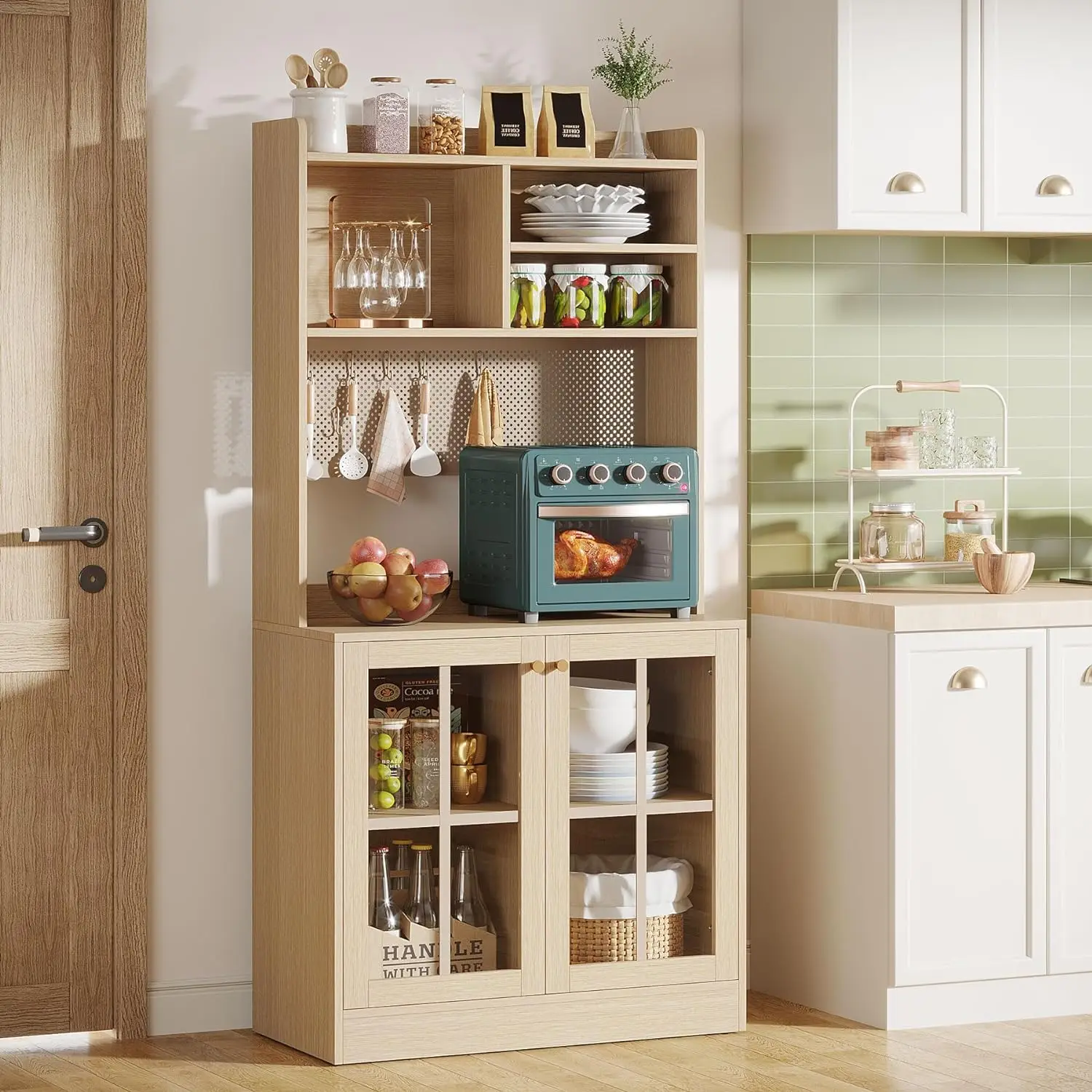 70.8-Inch Kitchen Pantry Cabinet, Tall Hutch Cabinet Microwave Cabinet with Tempered Glass Doors, Top Open Storage Shelves
70.8-Inch Kitchen Pantry Cabinet, Tall Hutch Cabinet Microwave Cabinet with Tempered Glass Doors, Top Open Storage Shelves