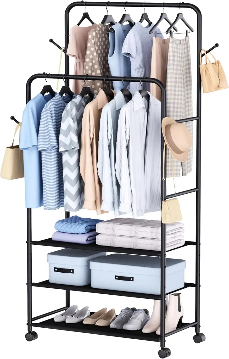 Double Rod Clothes Rack on Wheels, Heavy Duty Rolling Garment Rack with 3 Shelves for Bedroom Laundry
Double Rod Clothes Rack on Wheels, Heavy Duty Rolling Garment Rack with 3 Shelves for Bedroom Laundry
