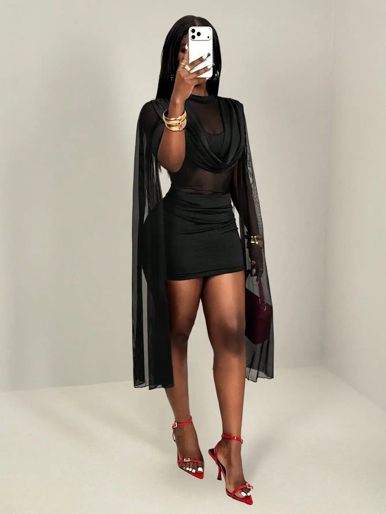 Elegant Black Sheer Mesh Party Dress With Draped Cape Sleeve Mini Dress
Elegant Black Sheer Mesh Party Dress With Draped Cape Sleeve Mini Dress