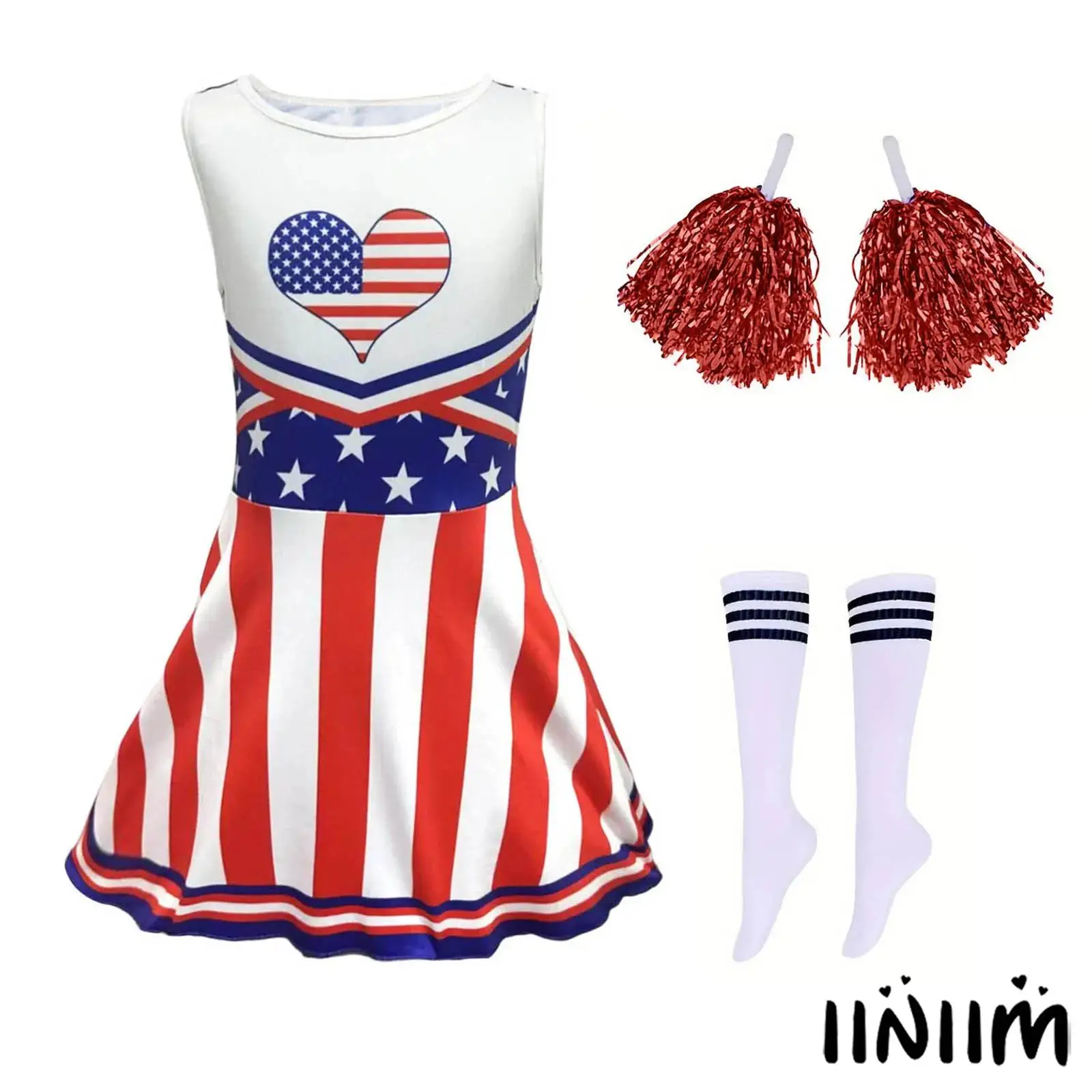 Костюм лидера поддержки для девочек из 3 предметов, униформа с принтом, платье без рукавов с рюшами и помпонами, комплект носков в полоску для школьных спортивных мероприятий
Костюм лидера поддержки для девочек из 3 предметов, униформа с принтом, платье без рукавов с рюшами и помпонами, комплект носков в полоску для школьных спортивных мероприятий