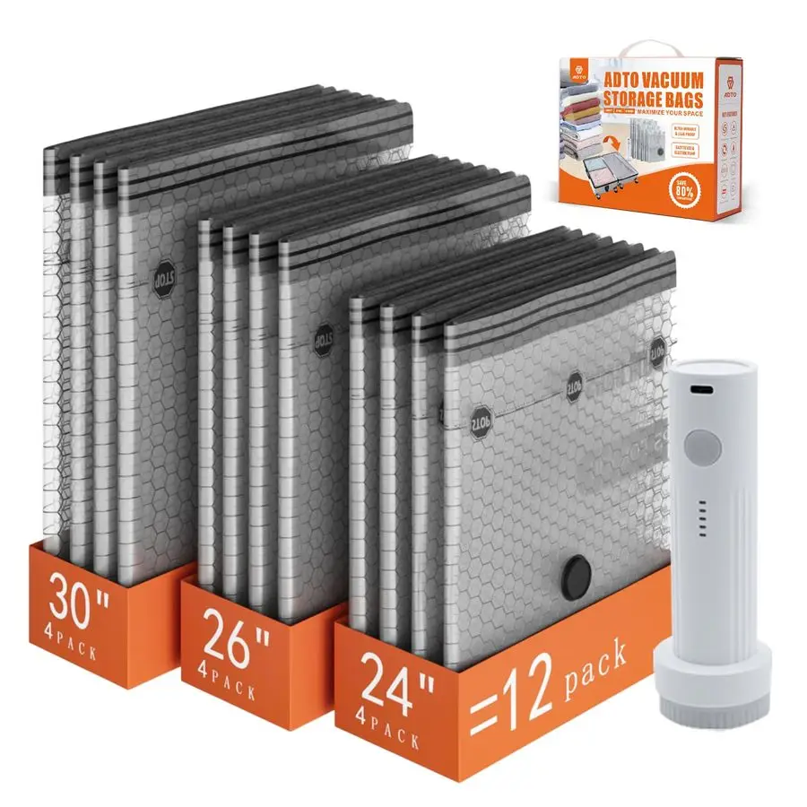 Vacuum Seal Bags for Clothing with Portable Electric Pump, 12 Pack Space Saver Vacuum Storage Bag, Compression Packing Bag for
Vacuum Seal Bags for Clothing with Portable Electric Pump, 12 Pack Space Saver Vacuum Storage Bag, Compression Packing Bag for