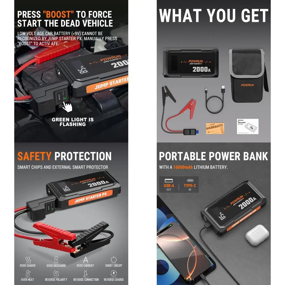 P-X Jump Starter, портативный Jump Box 2000A — автомобильный аккумулятор для стартера для газовых и дизельных двигателей емкостью 6,0 л и 5,0 л, аккумулятор 12 В
P-X Jump Starter, портативный Jump Box 2000A — автомобильный аккумулятор для стартера для газовых и дизельных двигателей емкостью 6,0 л и 5,0 л, аккумулятор 12 В