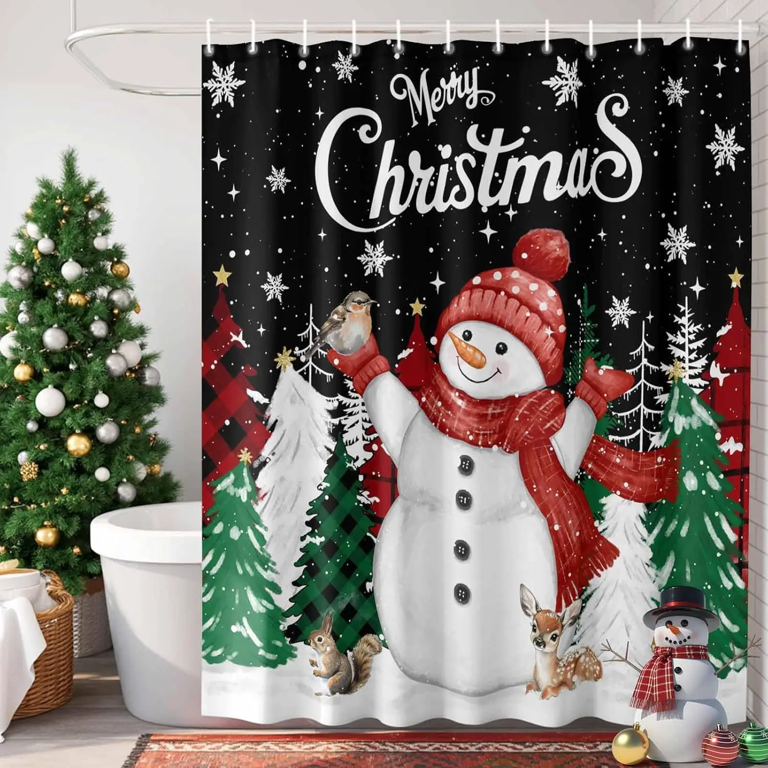 Черная рождественская занавеска для душа со снеговиком, водонепроницаемая занавеска для душа с рождественской елкой для ванной комнаты, моющаяся ткань с изображением лося, птицы, снежинки
Черная рождественская занавеска для душа со снеговиком, водонепроницаемая занавеска для душа с рождественской елкой для ванной комнаты, моющаяся ткань с изображением лося, птицы, снежинки
