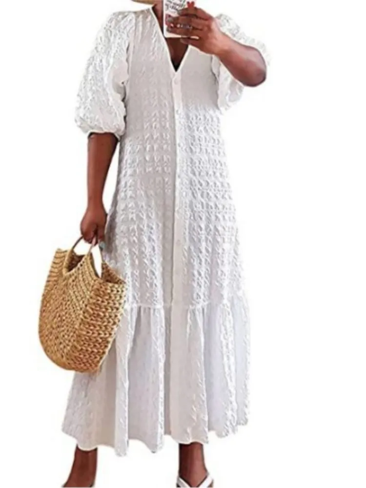 Casual Solid Loose Dress For Women Fashion Lantern Sleeve V Neck Button Dresses Robe Femme Elegant Holiday Party Womens Clothing
Casual Solid Loose Dress For Women Fashion Lantern Sleeve V Neck Button Dresses Robe Femme Elegant Holiday Party Womens Clothing