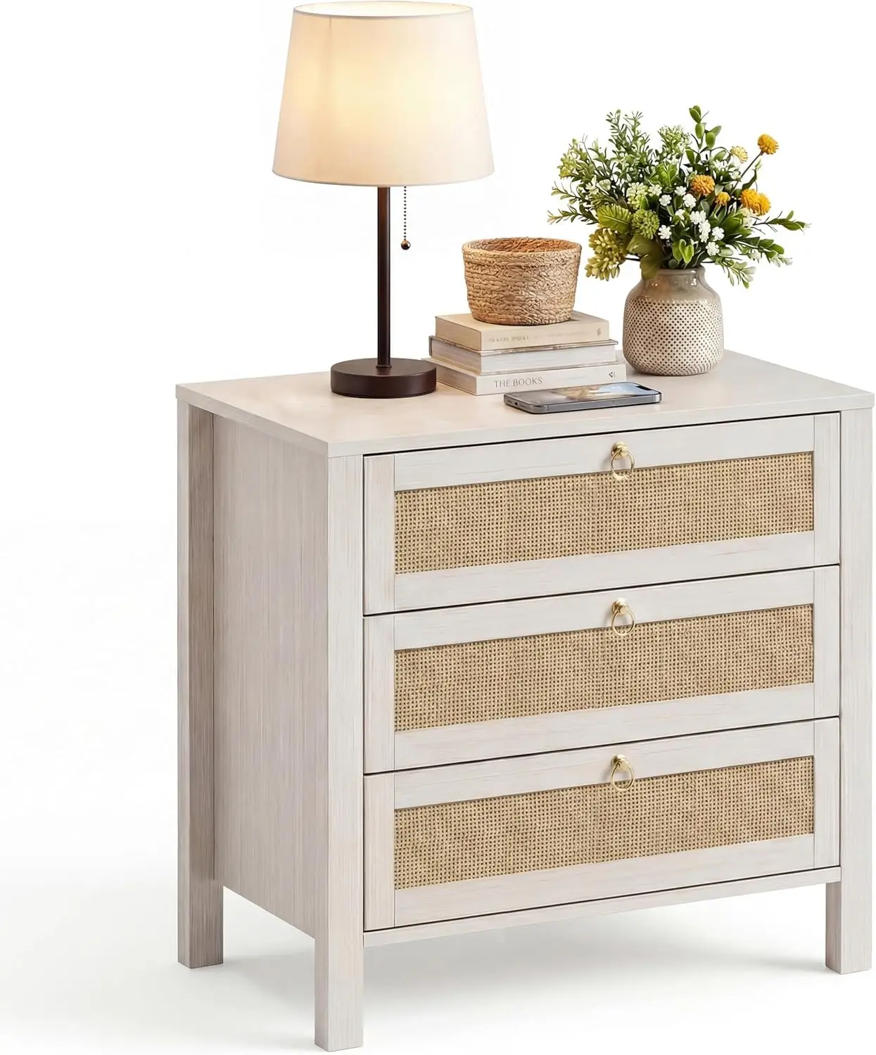 White Nightstand, Rattan Bedside Table with Golden Handle, 3 Drawers Nightstands, Large Wicker Side Table, Boho Wood Night Stand
White Nightstand, Rattan Bedside Table with Golden Handle, 3 Drawers Nightstands, Large Wicker Side Table, Boho Wood Night Stand