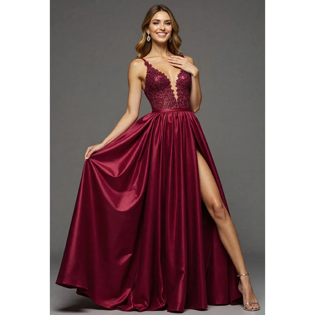 Burgundy Satin Prom Dresses with Slit robes de soirée Lace Spaghetti Straps Wedding Party Dress Customized فساتين سهرة
Burgundy Satin Prom Dresses with Slit robes de soirée Lace Spaghetti Straps Wedding Party Dress Customized فساتين سهرة