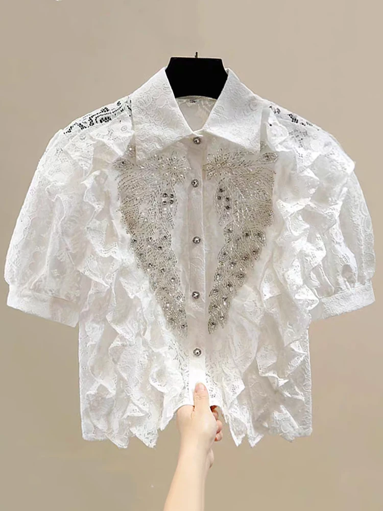 Designer beaded sequinned diamond multi-level pleated wooden ear lace shirt 2025 summer women's fashion hook flower cutout top
Designer beaded sequinned diamond multi-level pleated wooden ear lace shirt 2025 summer women's fashion hook flower cutout top