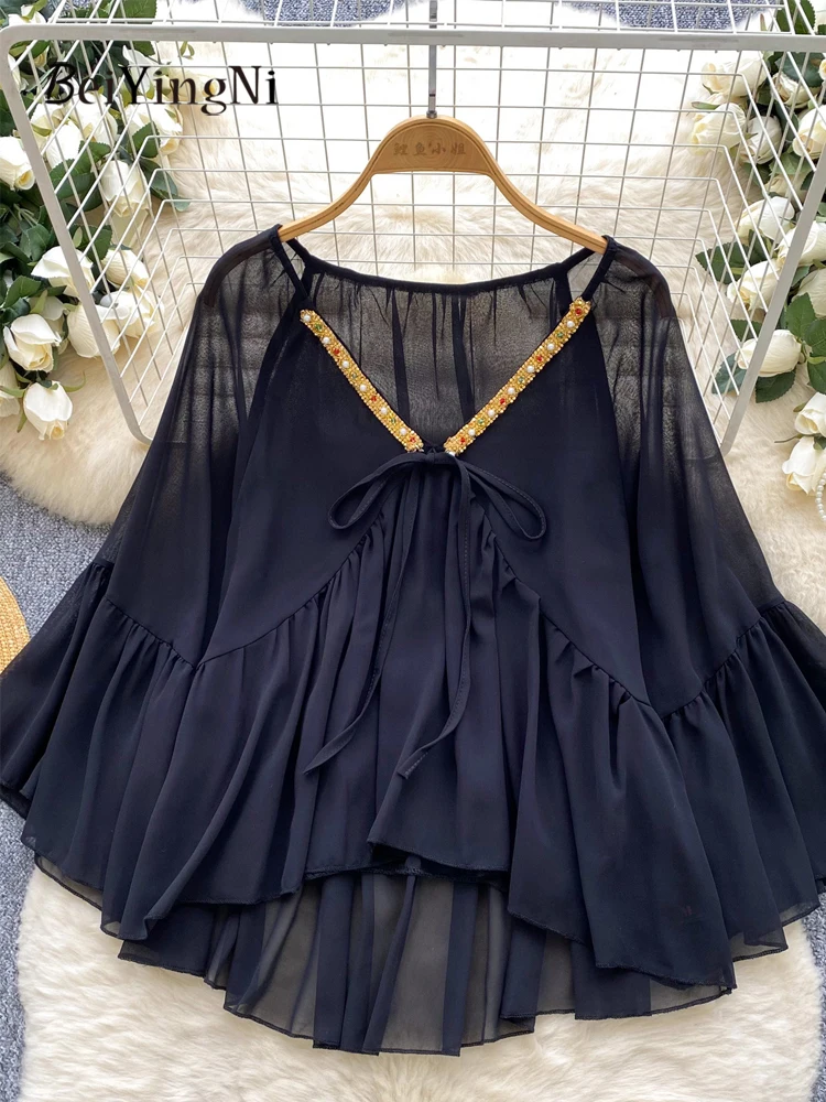 Beiyingni Korean Flare Sleeve Chiffon Blusas Women Heavy Industry Diamond Casual Black Tops Ladies Elegant Vintage V-neck Shirts
Beiyingni Korean Flare Sleeve Chiffon Blusas Women Heavy Industry Diamond Casual Black Tops Ladies Elegant Vintage V-neck Shirts