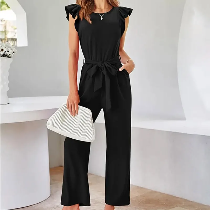 Women's Jumpsuit Black Ruffle Sleeve Wide Leg High Waist Jumpsuits Solid Romper Sleeveless Self Belt Long Romper Women Clothes
Women's Jumpsuit Black Ruffle Sleeve Wide Leg High Waist Jumpsuits Solid Romper Sleeveless Self Belt Long Romper Women Clothes
