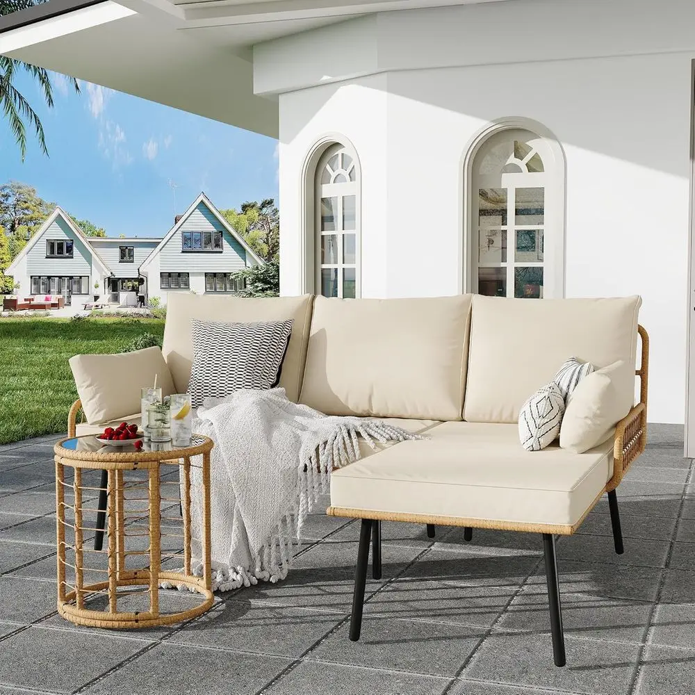 Beige L-Shaped Rattan Outdoor Patio Sectional Sofa Set with Cushions and Glass Table, Weather-Resistant for Backyard, Porch, Poo
Beige L-Shaped Rattan Outdoor Patio Sectional Sofa Set with Cushions and Glass Table, Weather-Resistant for Backyard, Porch, Poo