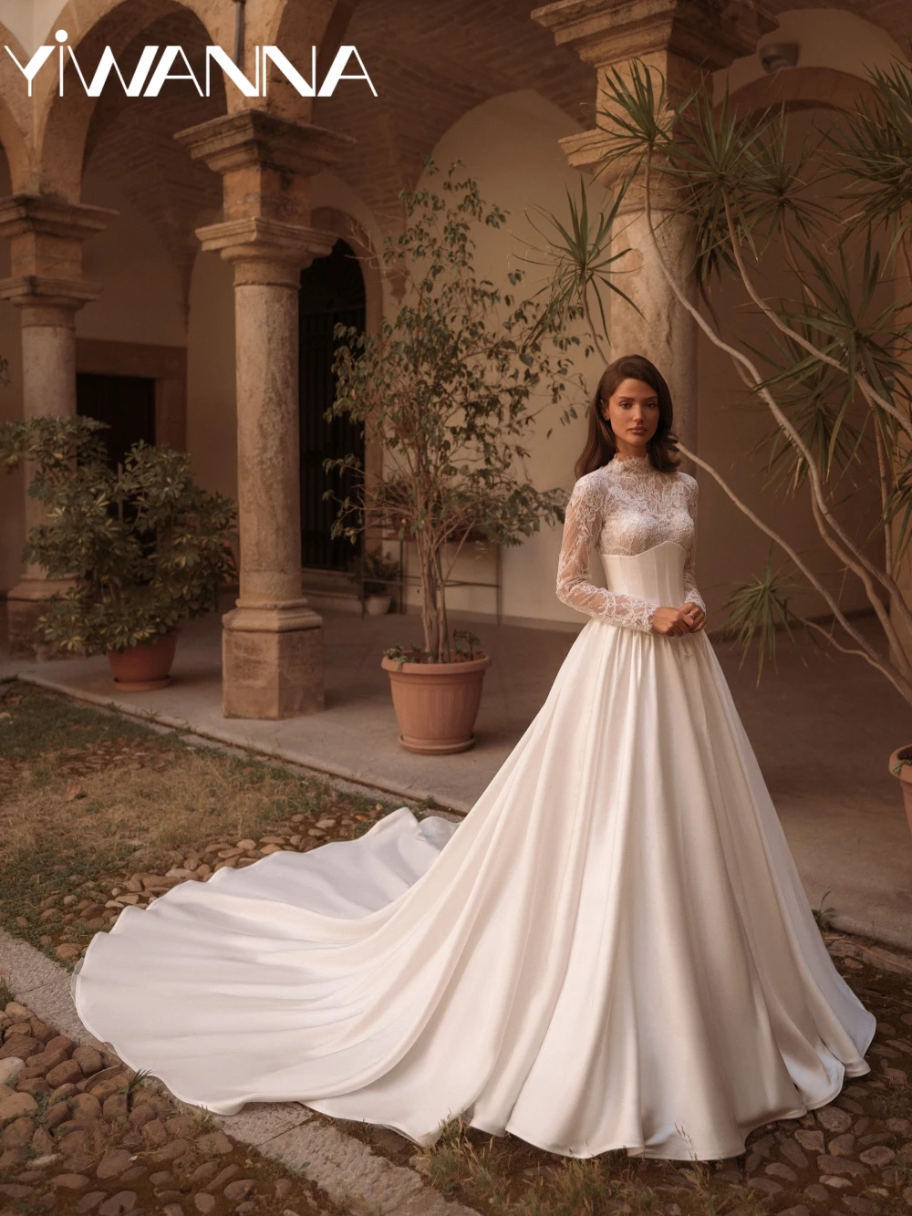 Detachable Train Shiny Lace Long Wedding Dress Modest High Collar Bridal Gown Customized Satin Backless Dresses For Bride
Detachable Train Shiny Lace Long Wedding Dress Modest High Collar Bridal Gown Customized Satin Backless Dresses For Bride