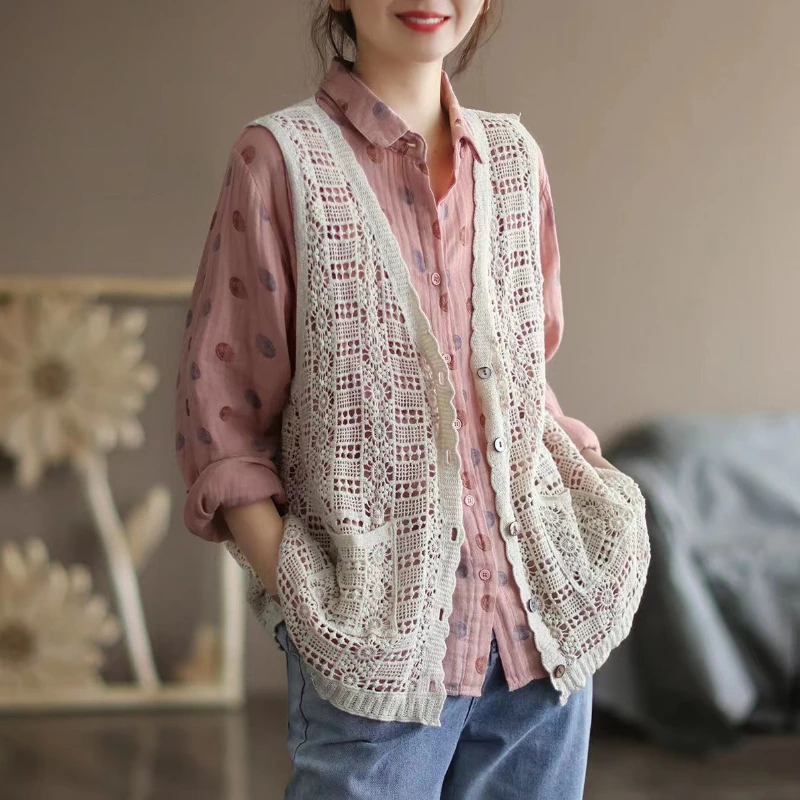 Luxury Retro Hollow Out Waistcoat Single Breasted Vest Women's Thin Outerwear Chic Cover-up Blouse Cotton Sleeveless Cardigan
Luxury Retro Hollow Out Waistcoat Single Breasted Vest Women's Thin Outerwear Chic Cover-up Blouse Cotton Sleeveless Cardigan