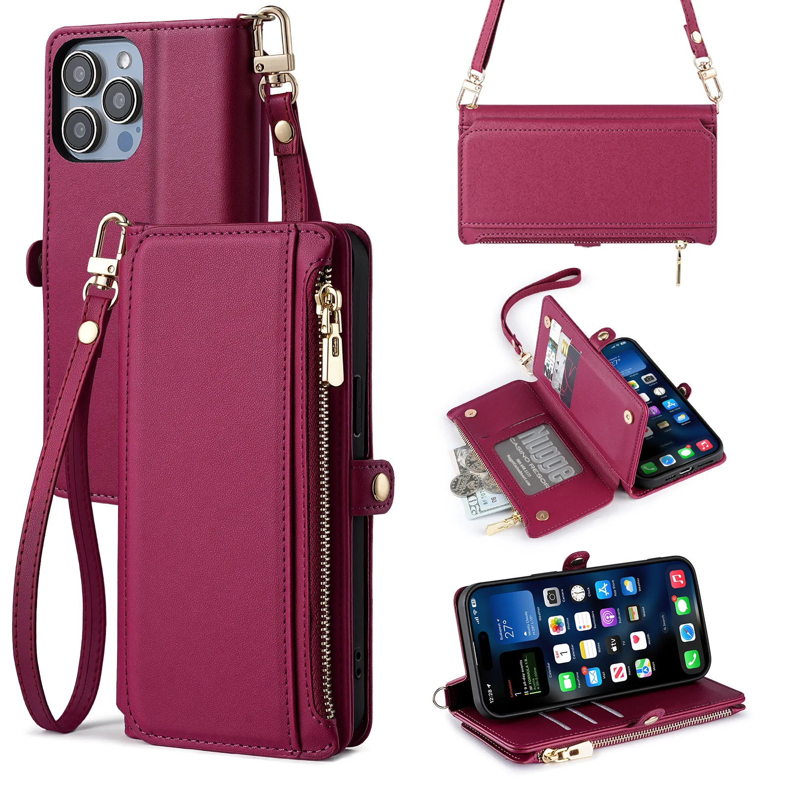 Zipper Pocket Handbag Case For Sharp Aquos Wish 5 4 3 2 Sense 10 9 8 7 6 R10 R9 R8 R7 Crossbody Leather 7 Card Wallet Flip Cover