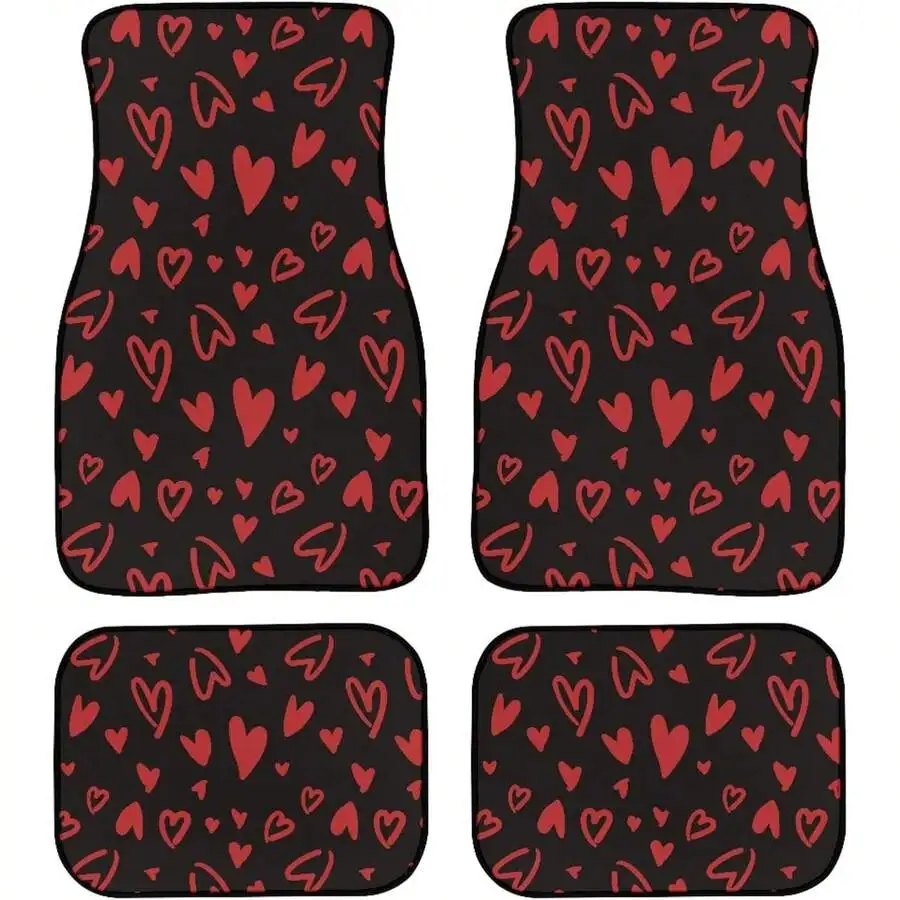 Red Heart Pattern Car Floor Mats Universal All Weather Non Slip Rubber Mat Set For Front And Rear Seats