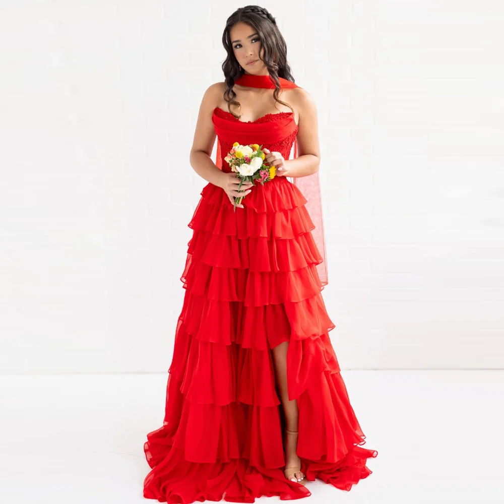 Customizable Red Strapless Tiered Ruffle Formal Dress Choker Neck High Slit Evening Gown for Prom Wedding Guest Party
Customizable Red Strapless Tiered Ruffle Formal Dress Choker Neck High Slit Evening Gown for Prom Wedding Guest Party