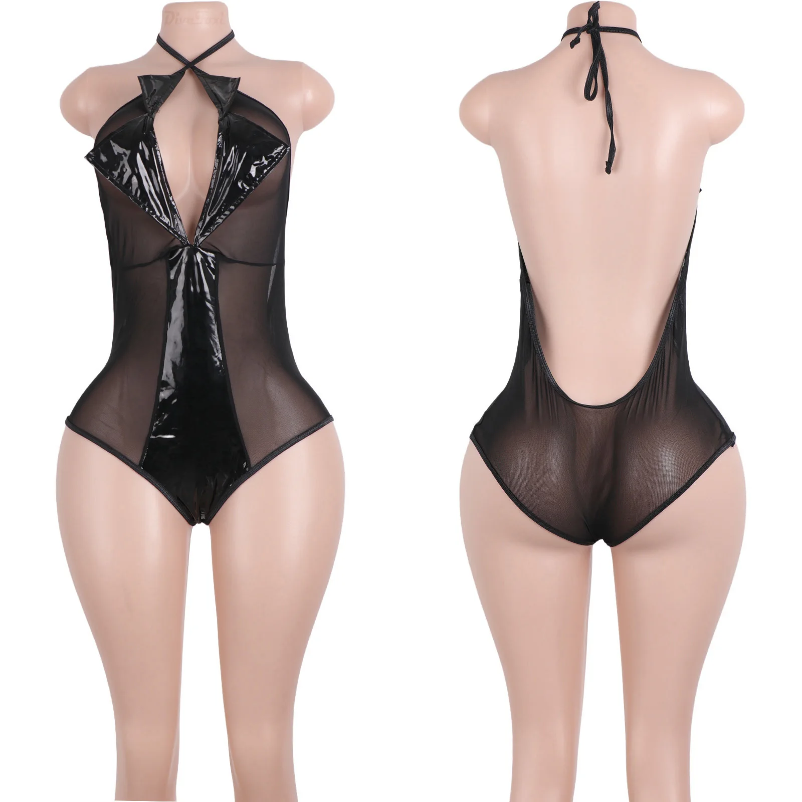 Patent Leather Bodysuit Halter Stripy Lingerie Sheer Mesh Collar Backless Outfit Women's Exotic Dancewear Booty Performance Hot
Patent Leather Bodysuit Halter Stripy Lingerie Sheer Mesh Collar Backless Outfit Women's Exotic Dancewear Booty Performance Hot