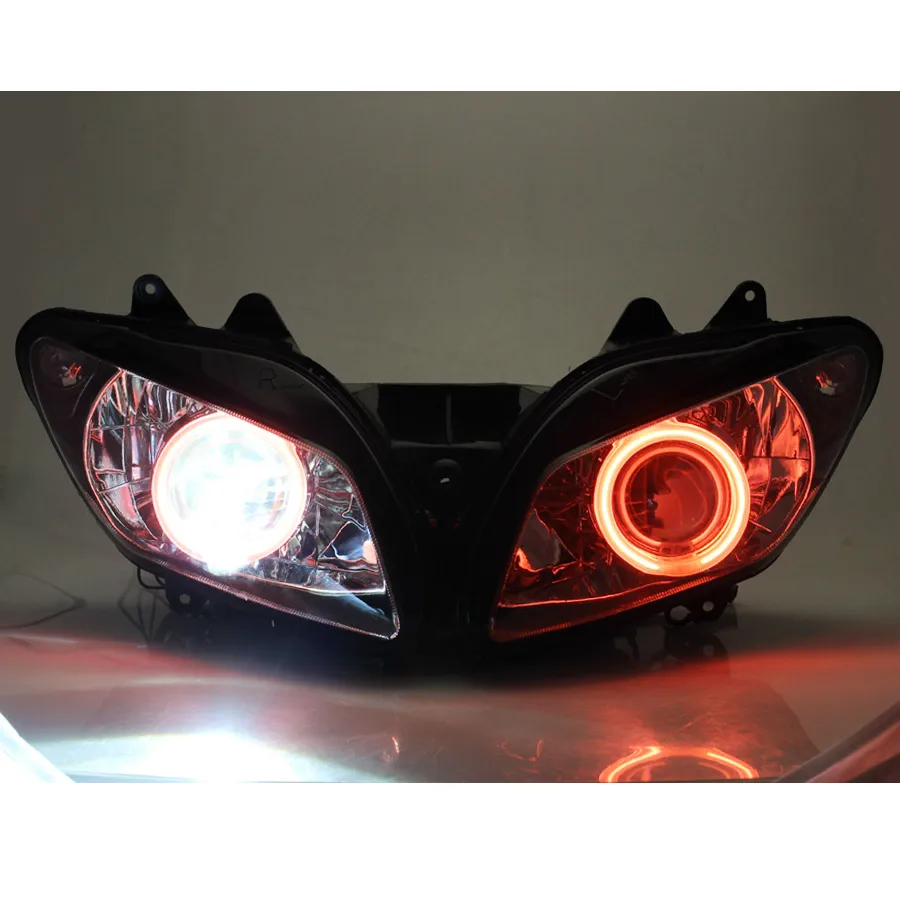 Передняя фара Hi/Lo Beam с проектором HID и красными ангельскими глазками для мотоцикла Yamaha YZF R1 2000-2001, аксессуары для мотоциклов
Передняя фара Hi/Lo Beam с проектором HID и красными ангельскими глазками для мотоцикла Yamaha YZF R1 2000-2001, аксессуары для мотоциклов